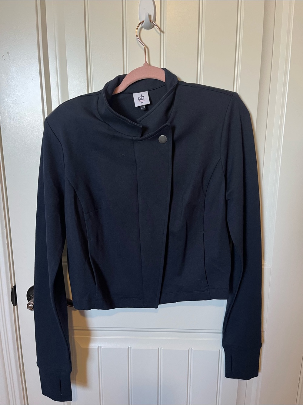 CAbi Black Cropped Asymmetrical Snap Blazer